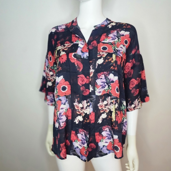 Kenzo 100% Silk Floral Black and Red Women's Top Size M/L - Picture 2 of 12